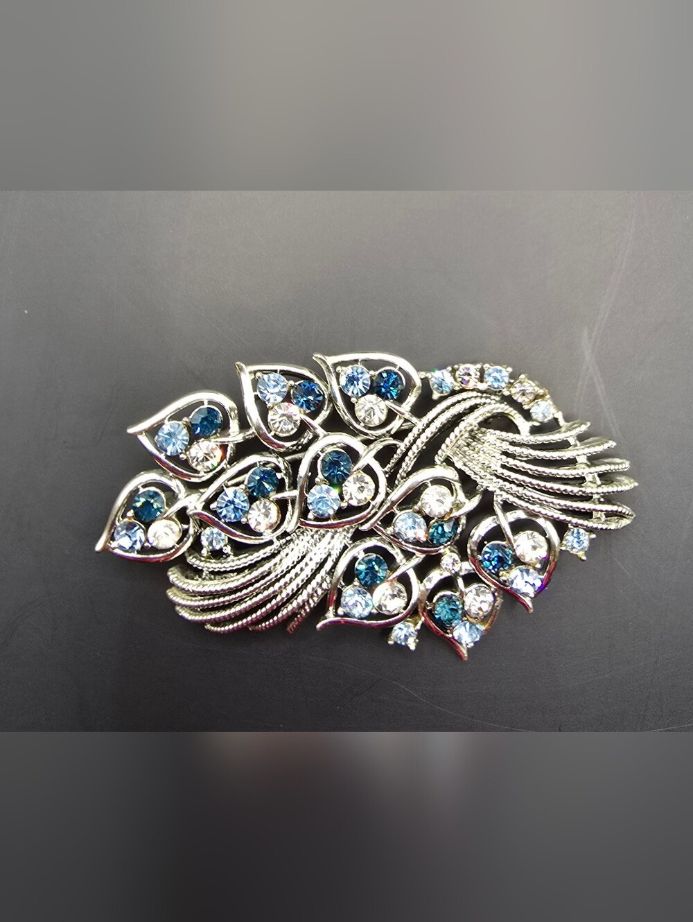 Vintage Silver-Tone Blue Hues & Clear Crystal Floral Brooch